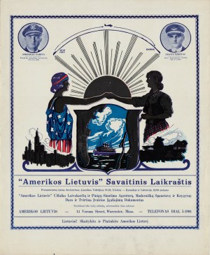Plakat von Darius und Girėnas mit einer Anzeige, Anzeige in einer amerikanisch-litauischen Zeitung auf dem Plakat von Darius und Girėnas.