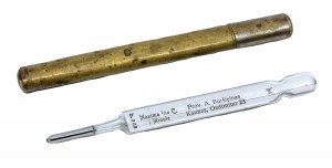 Mercury thermometer, type b.233, with case, 4th century, Germany. Distributor prov. A. Burštei- nas (Kaunas, Gedimimo 23).