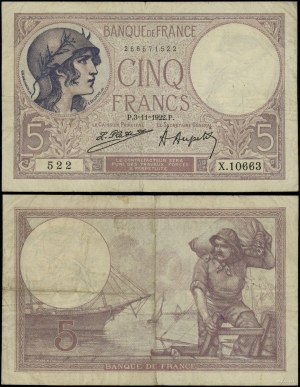 Francúzsko, 5 frankov, 3.11.1922