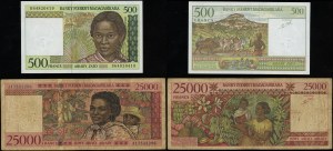 Madagascar, série : 500 francs = 100 ariary et 25 000 francs = 5 000 ariary, 1994 et 1998