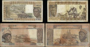 sada různých bankovek, 1 000 franků 1981 A a 5 000 franků 1979 B