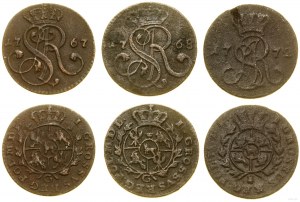 Pologne, série de 3 pièces de monnaie en cuivre, 1767, 1768, 1772, Cracovie, Varsovie