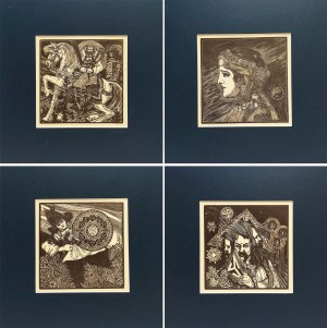 Stanislaw Jakubowski (1885-1964), Dieux des Slaves, 1933, ensemble de 4 gravures sur bois