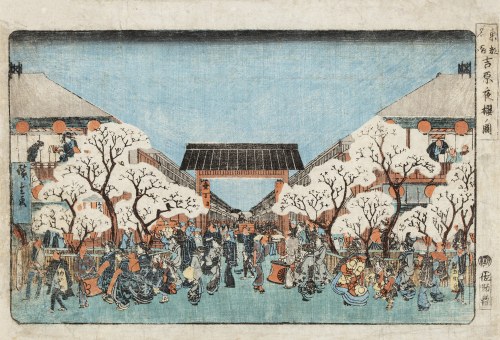 Utagawa Hiroshige (1799-1858), Kwitnące wiśnie w nocy w Yoshiwara (Yoshiwara yozakura no zu), z cyklu Sławne miejsca w Wschodniej Stolicy (Tôto meisho), 1835-1838