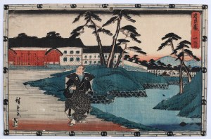 Utagawa Hirošige (1797 - 1858), Príbeh verného samuraja (Čušingura) 忠臣蔵, IV. dejstvo, Juranosuke prisahá pomstu pred domom svojho pána v Ede, 1843-1847