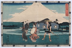 Utagawa Hiroshige (1797 - 1858), Die Geschichte des treuen Samurai (Chūshingura) 忠臣蔵. Akt VIII, Tonase und Konami auf dem Weg zum Treffen mit Rikiya, 1843-1847.