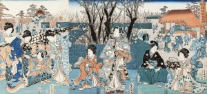 Utagawa Kunisada (1786-1865), Książe Genji w ogrodzie, 1853 [tryptyk]