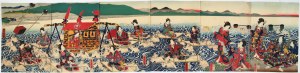 Utagawa Yoshitazu (artysta aktywny w latach 1850-1870), Książe Genji przeprawiany przez rzekę