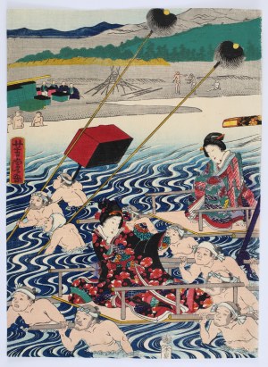 Utagawa Yoshitazu (artysta aktywny w latach 1850-1870), Książe Genji przeprawiany przez rzekę