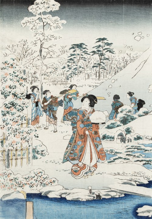 Utagawa Kunisada (1786-1865) autor postaci & Hiroshige II (1826-1869) autor pejzażu., Śnieg w ogrodzie. Przypowieść o księciu Genji, 1859