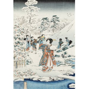 Utagawa Kunisada (1786-1865) autor postaci & Hiroshige II (1826-1869) autor pejzażu., Śnieg w ogrodzie. Przypowieść o księciu Genji, 1859