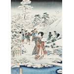 Utagawa Kunisada (1786-1865) autor postaci & Hiroshige II (1826-1869) autor pejzażu., Śnieg w ogrodzie. Przypowieść o księciu Genji, 1859