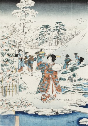 Utagawa Kunisada (1786-1865) autor postav a Hirošige II (1826-1869) autor krajin, Sníh v zahradě. Podobenství o princi Gendžim, 1859