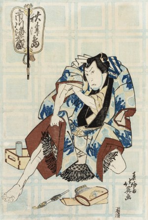 Hokuei Shunbaisai (artiste actif entre 1830 et 1836), acteur Ichikawa Ebizo dans le rôle d'Akitshima v. 1830 C'EST CELUI QUI A LES CHAUSSURES À DOIGTS ET LE CALAMAR SUR LE BÂTIMENT