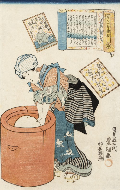 Utagawa Kunisada (1786-1865), Scena rodzajowa, 1844-1845 TA SCENA Z NIBY PRALKĄ ALBO WYRABIANIEM CIASTA