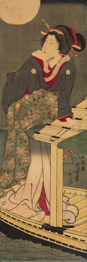 Utagawa Kuniyoshi (1798 - 1861), Auf einem Schiff bei Mondschein