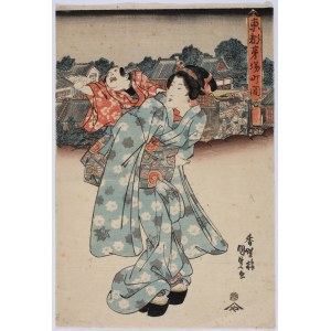 Utagawa Kunisada (1786-1865), Žánrový výjev s dítětem v nosítku, před rokem 1845