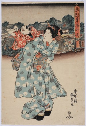 Utagawa Kunisada (1786-1865), Žánrový výjev s dítětem v nosítku, před rokem 1845