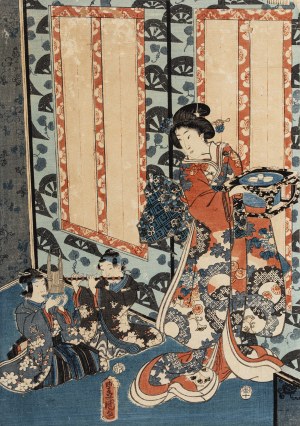 Utagawa Kunisada (1786-1865), Scena muzyczna we wnętrzu, 1854