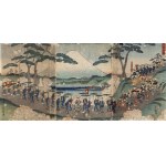 Utagawa Hiroshige II (1829-1869), Hana no tabi onna gyoretsu (pochód na tle góry Fuji), 1857 [tryptyk]