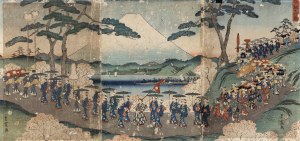 Utagawa Hiroshige II (1829-1869), Hana no tabi onna gyoretsu (procession sur fond de mont Fuji), 1857 [triptyque].