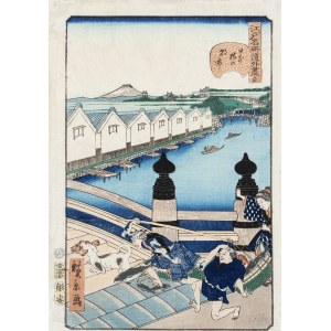 Utagawa Hirokage (artysta aktywny w latach 1855-1865), Poranny targ w Nihonbashi (Nihonbashi no asaichi), 1859