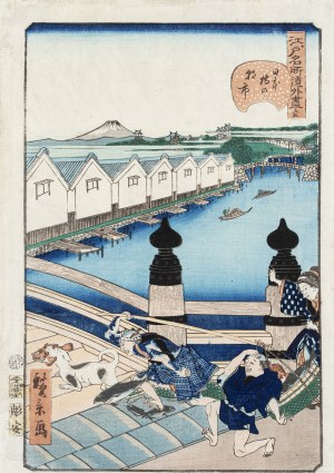 Utagawa Hirokage (artiste actif entre 1855 et 1865), Marché du matin à Nihonbashi (Nihonbashi no asaichi), 1859