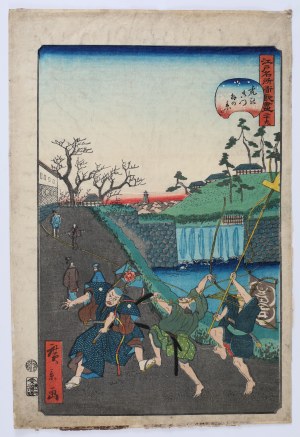 Utagawa Hirokage (Künstler tätig 1855-1865), Grafik aus der Serie: Edo meisho doke zukushi (Lustige Ereignisse an berühmten Orten in Edo), frühe zweite Hälfte des 19. Jahrhunderts.