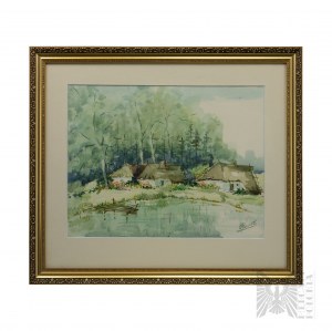 Painting in Glazed Frame with Passe-Partout Rural Landscape, Watercolor on Paper, Rawicki Signature
