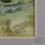 Wiktor Rawicki (20. století) - Venkovská krajina, akvarel na papíře, malba v zaskleném rámu