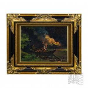 Artyta Nieznany (XX Wiek), Obraz w Pozłacanej Ramie Pożar nad Jeziorem, Olej na Desce
