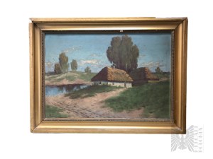 Aleksander Makowski (1869-1924) - Paesaggio rurale, olio su tavola, dipinto in cornice dorata
