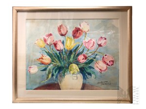 Gemälde in verglastem Rahmen mit Passepartout Stillleben Tulpen in einer Vase, Bleistift und Aquarell auf Papier