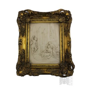 Artysta Nieznany, A. Rivalia(?) (XIX/XX w.) - Płaskorzeźba Imitująca Alabaster w Pozłacanej Ramie, Scena w Stylu Eklektycznym (1895 r.)