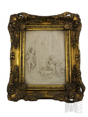 Neznámy autor, A. Rivalia(?) (19./20. storočie) - Basreliéf imitujúci alabaster v pozlátenom ráme, scéna v eklektickom štýle (1895).