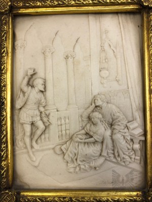 Bas-relief Imitating Alabaster in Gilded Frame - Signature A. Rivalia (?) 1895, Scene in Sentimental Style