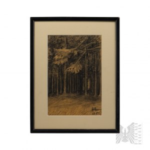 Artysta Nieznany, B. Bum(?) (XX w.) -“Las (1951? 1957? r.), Węgiel na Papierze