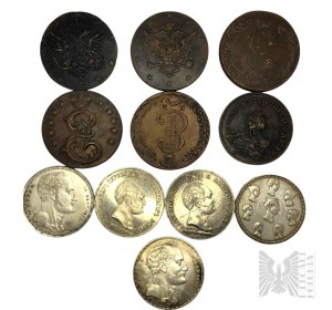 Coffret d'exemplaires de pièces : Royaume de Pologne, 1836. - Nicolas IRubel Famille, 10 or - 3 pièces ; 1 rouble 1834, Nicolas I/Alexandrovsk Colonne, 2 pièces ; 10 copies des années 1767-1796, 6 pièces.