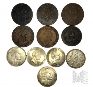 Súbor kópií mincí: Poľské kráľovstvo, 1836. - Mikuláš IRubel Famille, 10 zlatých - 3 kusy ; 1 rubeľ 1834, Mikuláš I/Alexandrovský stĺp, 2 kusy ; 10 kópií z rokov 1767-1796, 6 kusov.