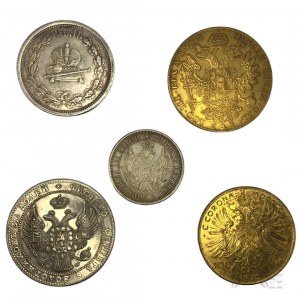 Copies of Coins - 4 Austrian Ducats 1915, Franz Joseph I, 20 Crowns 1915. Franz Joseph I ; One and a half Ruble 10 Gold, Half a Ruble 1832,