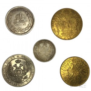 Kópie mincí - 4 rakúske dukáty 1915, František Jozef I., 20 korún 1915. František Jozef I. ; jeden a pol rubľa 10 zlatých, pol rubľa 1832,