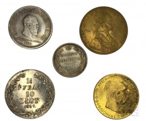 Kópie mincí - 4 rakúske dukáty 1915, František Jozef I., 20 korún 1915. František Jozef I. ; jeden a pol rubľa 10 zlatých, pol rubľa 1832,