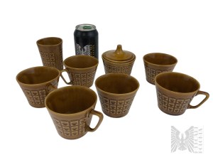 PRL - Stoneware Set of Seven Cups and Sugar Bowl, Chodzież, Ira (?).