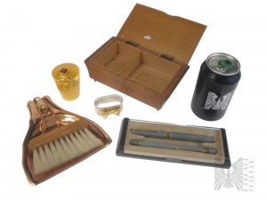 Soap and Jam Set: Pen and Pen, Metal Serviette Holder with Curb, Decorative Plastic Sharpener with Automobile Figure, Metal Dustpan and Table Sweeper, Wooden Casket