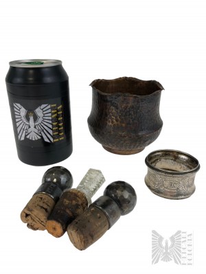 Set Copper Vase, Engraved Napkin Ring, Three Decorative Bottle Stoppers