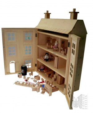 Veľký rozkladací drevený domček pre bábiky s bohatým nábytkom a bábikami*.