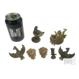 Zestaw Vintage Mosiężnych Figurek: Kaczka, Amor z Lutnią, Sowa, Głowa Meduzy (x2), Orzeł Biały (x2)
