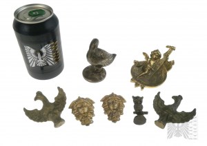Sada vintage mosazných figurek: kachna, Amor s loutnou, sova, hlava Medúzy (x2), bílý orel (x2)