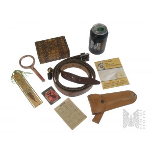 Mountain Holidays Under a Pear Tree '69 Set: Hand-Carved Wooden Box Krynica, Bottle Stopper, Commemorative Zakopane Bookmark, Dried Edelweiss, Shoe Circles Leather Industry Craft Cooperative, Pocket Ad Calendar