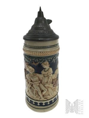 Keramický pohár s viečkom, reliéf so žánrovou scénou; veta 
